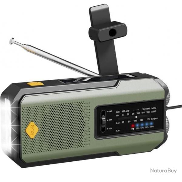 Radio Solaire d'urgence Mto AM/FM  Batterie 2000mAh Manivelle Alarme SOS Portable Lampe LED Vert