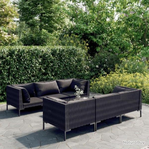 Salon de jardin 7 pcs avec coussins Rsine tresse Gris fonc