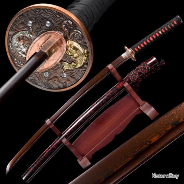 Vritable Katana Japonais en Damas rouge & noir. Sabre de coupe. Technique ancestrale de forge.