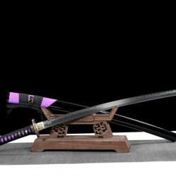 Katana Samouraï en Acier Trempé T10 - Noir et violet hamon véritable