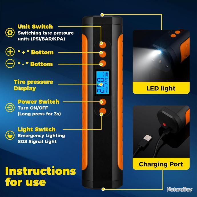Carsun – pompe à Air Portable avec lampe LED, gonfleur numérique