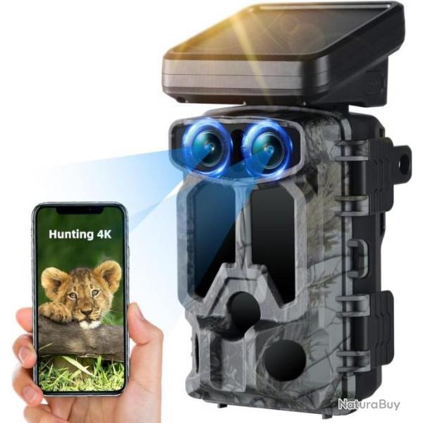 Camera de Chasse Solaire Double Objectif 4K 30FPS 60MP WiFi Bluetooth Vido H.265  IP66 Grand Angle