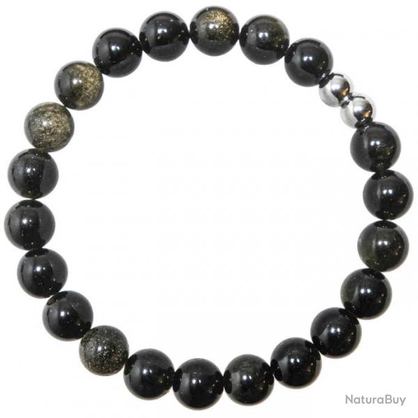 Bracelet en obsidienne dore - Perles rondes 8 mm