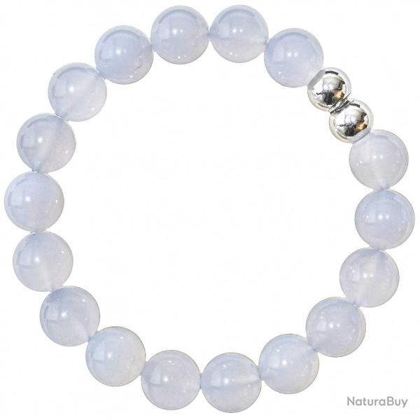 Bracelet en calcdoine gris-bleu - Perles rondes 10 mm