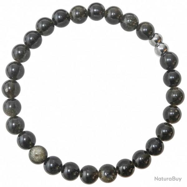 Bracelet en obsidienne dore - Perles rondes 6 mm
