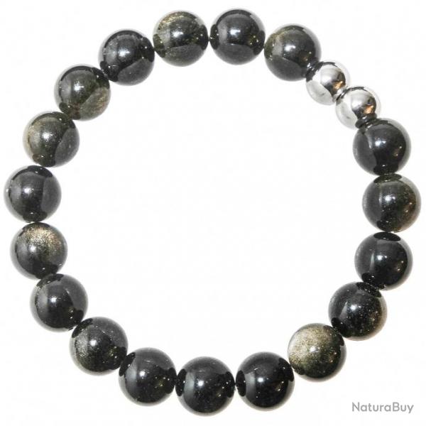 Bracelet en obsidienne dore - Perles rondes 10 mm