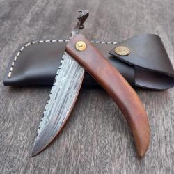 Couteau Piémontais Damas Tête de Bélier Forgé  Manche en Bois avec Étui en cuir