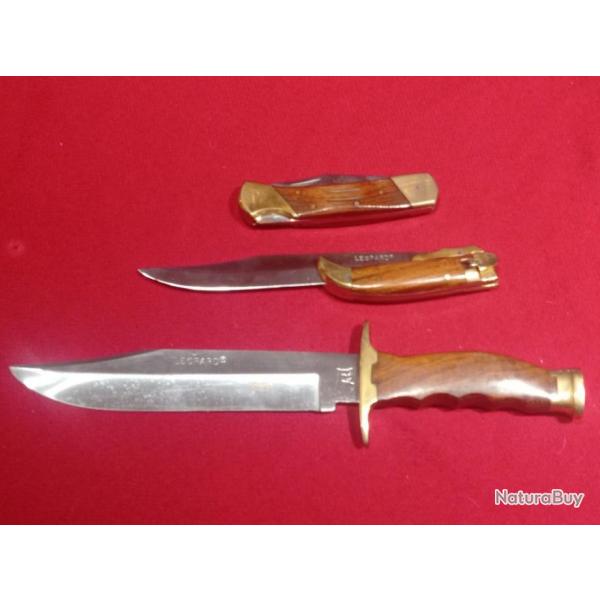 Lot de 3 couteaux de marque lopard avec etuis , Bowie, dague pliante et  couteau pliant