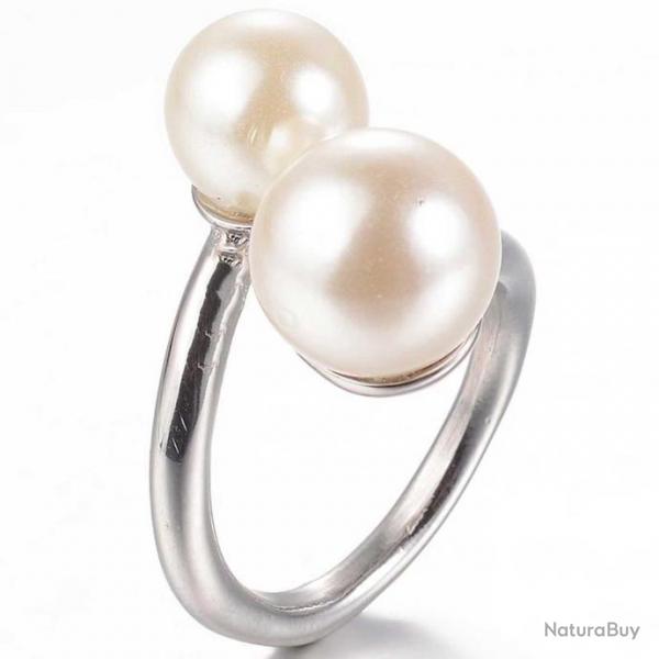 Bague double perle de nacre de coquillage 58