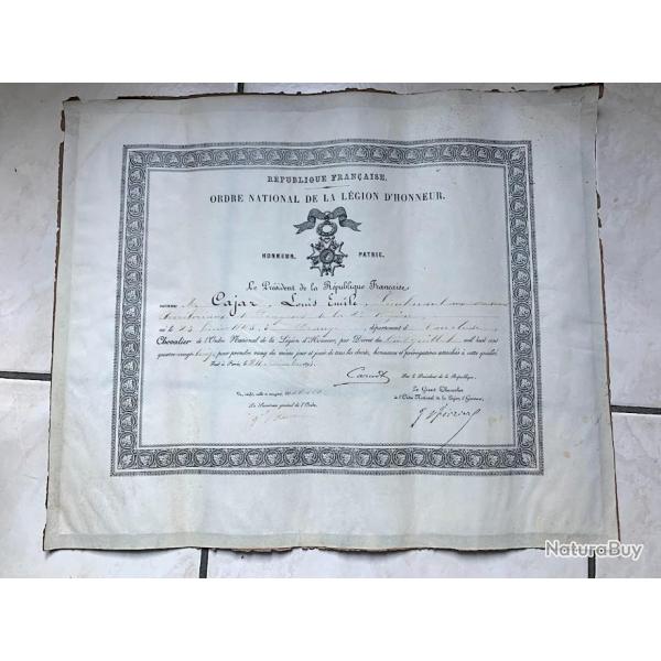 Diplome de la lgion d'honneur Fin XIX sur parchemin imprim
