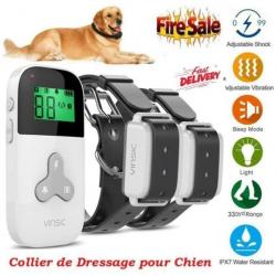 Collier de Dressage VINSIC Anti-aboiement pour Chien Ecran LCD 2 récepteurs 3 Modes-Blanc 300M