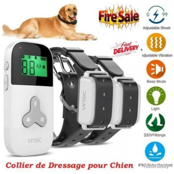 Collier de Dressage VINSIC Anti-aboiement pour Chien Ecran LCD 2 rcepteurs 3 Modes-Blanc 300M