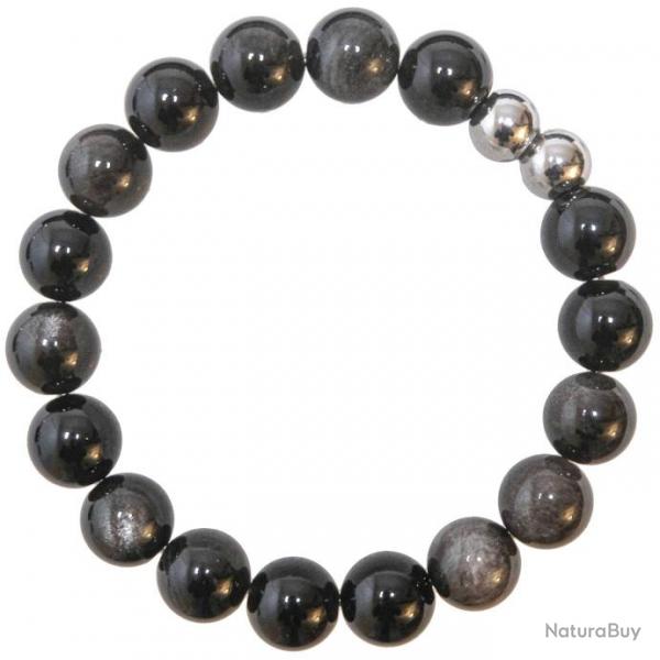 Bracelet en obsidienne argente - Perles rondes 10 mm