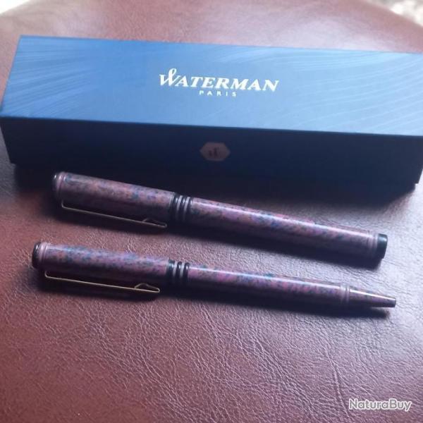 Jolie  parure stylo plume et stylo bille " WATERMAN "  de couleur VIOLET ET BLEU