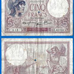 France 5 Francs 1939 2 Novembre Violet Billet Franc Frcs Frc Frs
