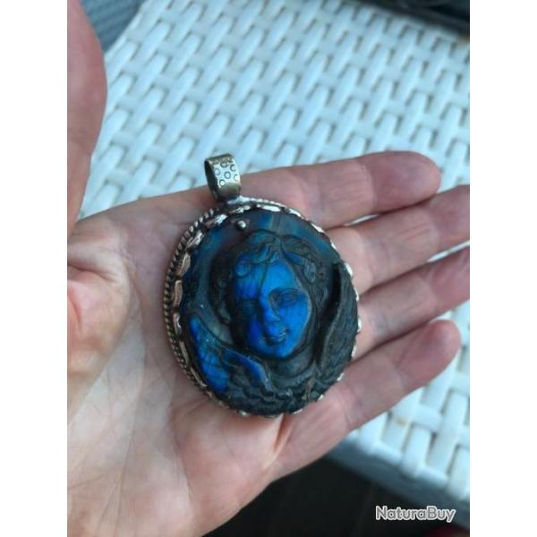 Pendentif ange sculpt sur labradorite - argent repouss