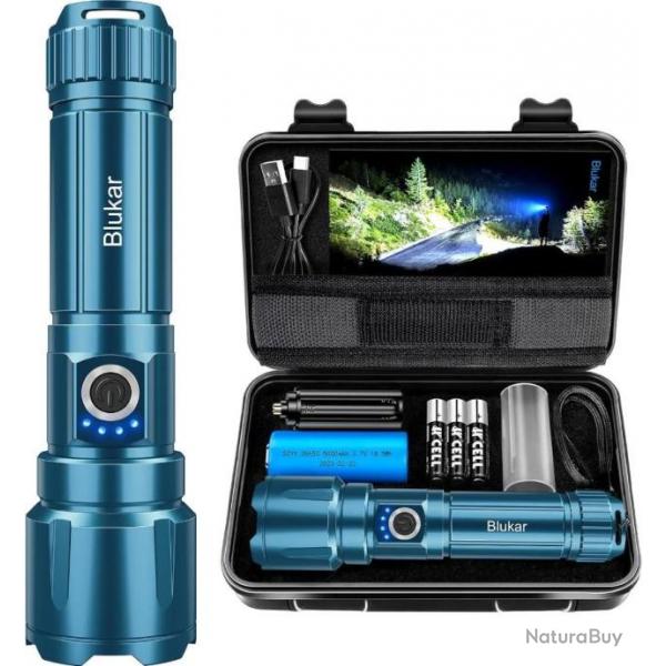 Lampe Torche LED 20000 Lumen 5 Modes clairage A+++Batterie 5000mAh tanche IP67 Zoomable Bleu Paon