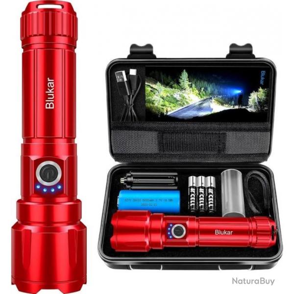 Lampe Torche LED 20000 Lumens Zoomable Batterie 5000mAh 5 Modes clairage  A+++ tanche IP67 Rouge