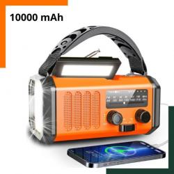Radio d'urgence à manivelle - Chargeur solaire 10000 mAh - Etanche - Orange - Livraison rapide