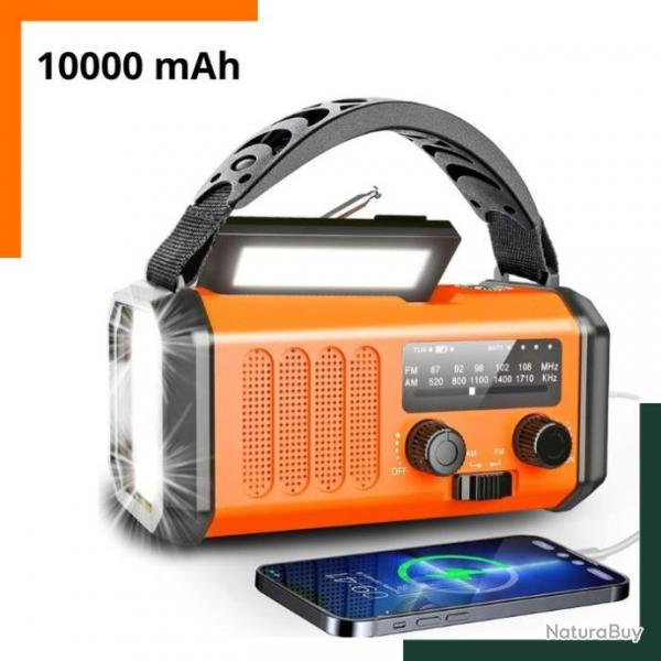 Radio d'urgence  manivelle - Chargeur solaire 10000 mAh - Etanche - Orange - Livraison rapide