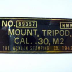 militaria ww2 U.S. plaque de TRIPOD,CAL.30 M2