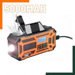 Radio d'urgence à manivelle - Chargeur solaire 5000 mAh - Lampe LED  3 modes -  Etanche IPX5 - SOS