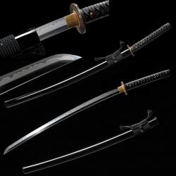 Katana Samurai Japonais Authentique, Acier T10 Trempé à l'Argile, Pleine Soie, Tranchant