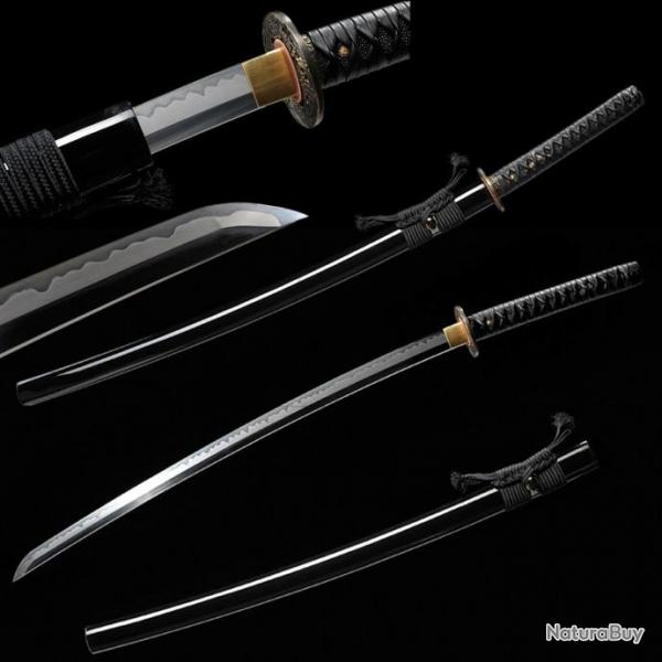 Katana Samurai Japonais Authentique, Acier T10 Tremp  l'Argile, Pleine Soie, Tranchant