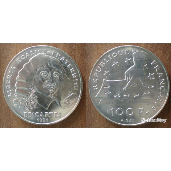 France 100 Francs 1991 Descartes Piece Argent Frcs Frc Frs Franc