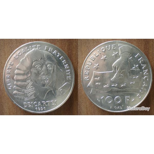 France 100 Francs 1991 Descartes NEUVE Piece Argent Frcs Frc Frs Franc