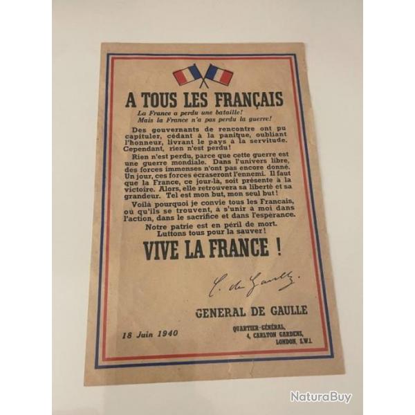 RARISSIME AFFICHE APPEL DU 18 JUIN ORIGINALE 1943 DE GAULLE FRANCE LIBRE FFI FFL