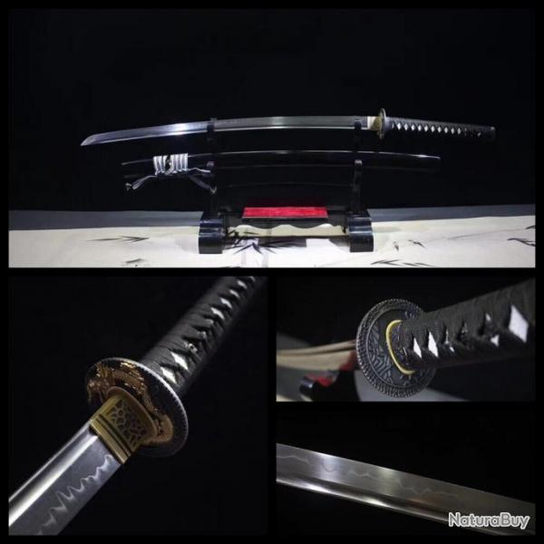 Vritable Katana Samurai Japonais, Acier T10 Tremp  l'Argile, Peau de Raie, Tranchant Afft