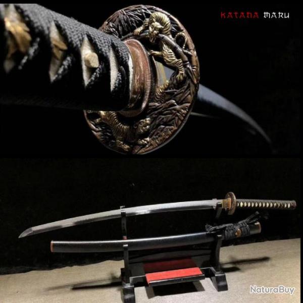 Katana Samurai Authentique en Acier 1095 Tremp  l'Argile, Lame Pleine Soie Affte avec Hamon et P