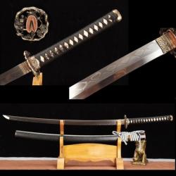 Katana Samurai Japonais Authentique - Acier Clay Tempéré T10, Tranchant Affûté, Peau de Raie Véritab