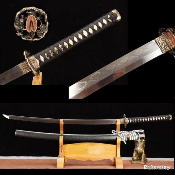 Katana Samurai Japonais Authentique - Acier Clay Tempr T10, Tranchant Afft, Peau de Raie Vritab