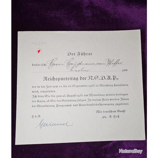 Carte d'invitation d'Adolf Hitler  Von Pfeffer, pour fete NSDAP de Nuremberg 1935 - Allemagne WW2