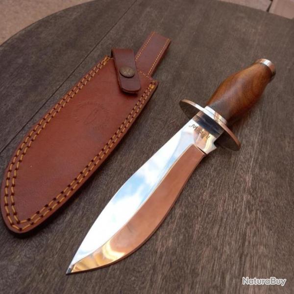 Gros Couteau de Chasse PERKIN Manche en Bois avec Fourreau en cuir