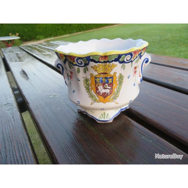 VINTAGE - Ancien cache pot en Faence de Rouen  dcors fait entirement main (XX)