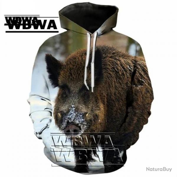 WBWA Sweat Floquer 3D avec Tte de Sanglier R434 - Livraison Gratuite