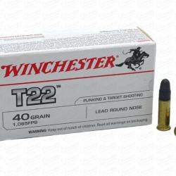 500 cartouches de 22Lr de marque Winchester T22, poids 40grs.