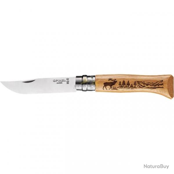 Couteau pliant en bois et acier inoxydable avec gravures "Cerf" - Opinel (fabriqu en France)