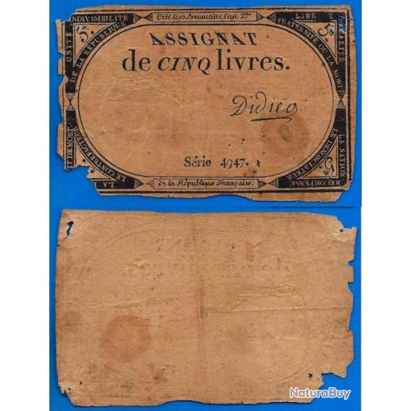 France 5 Livres 1793 Assignat Sign Didier Serie 4947 du 10 Brumaire An 2 Francs Billet