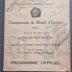 Programme officiel championnats du Monde escrime 1937 de Paris nombreux autographes français italien