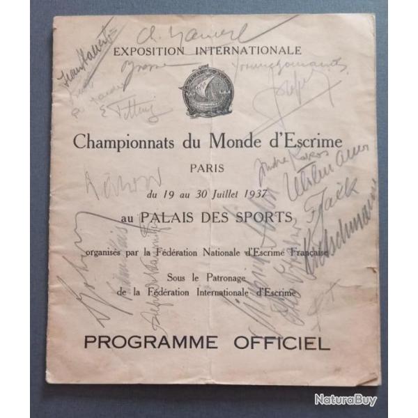 Programme officiel championnats du Monde escrime 1937 de Paris nombreux autographes franais italien