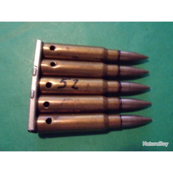 5 munition 7,5x54 MAS sur clip de 52 poque Indochine, tui laiton, balle blinde, neutralise