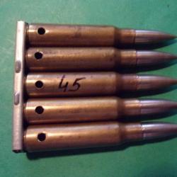 5 munitions 7,5x54 MAS sur clip de 45, étui laiton, balle blindée, neutralisée