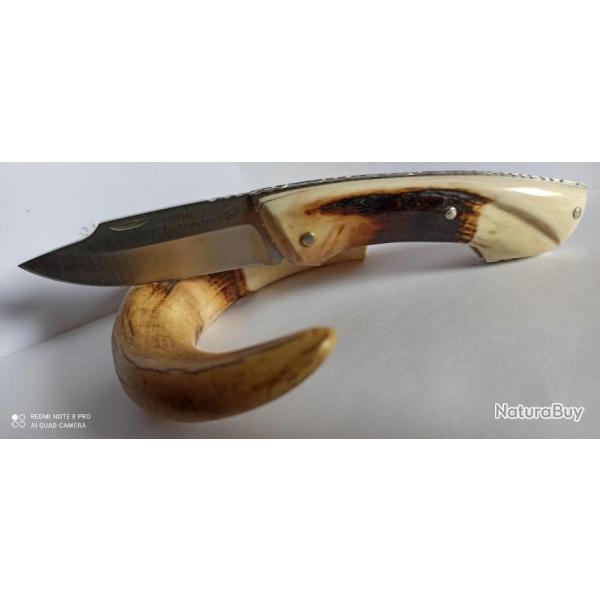 Superbe Couteau Artisanal  "Loup des Cvennes" Manche en Ivoire de Phacochre - Pice unique !