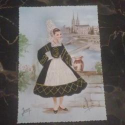 ancienne carte postale tissée    " Tenue traditionnelle bretonne "   signé JEAN