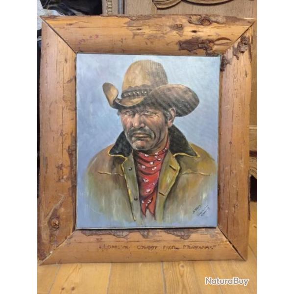 Rare peinture sur toile portrait cowboy " lonesome cowboy from montana" sign dessy
