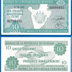 Burundi 10 Francs 2001Billet Afrique Franc